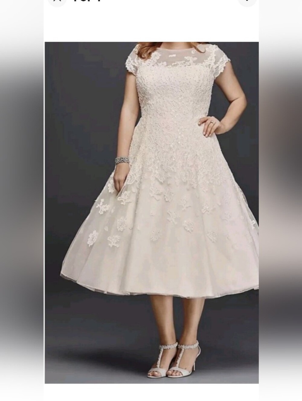 David's Bridal Oleg Cassini Elegant Ivory Lace Tea-Length Dress W/Cap Sleeves